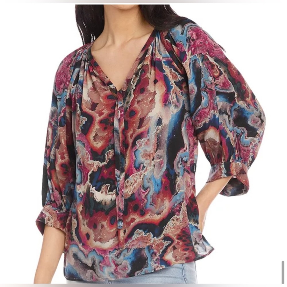 Karen Kane Marble Top 1X Colorful Abstract Relaxed Fit Flowy Career Split Neck